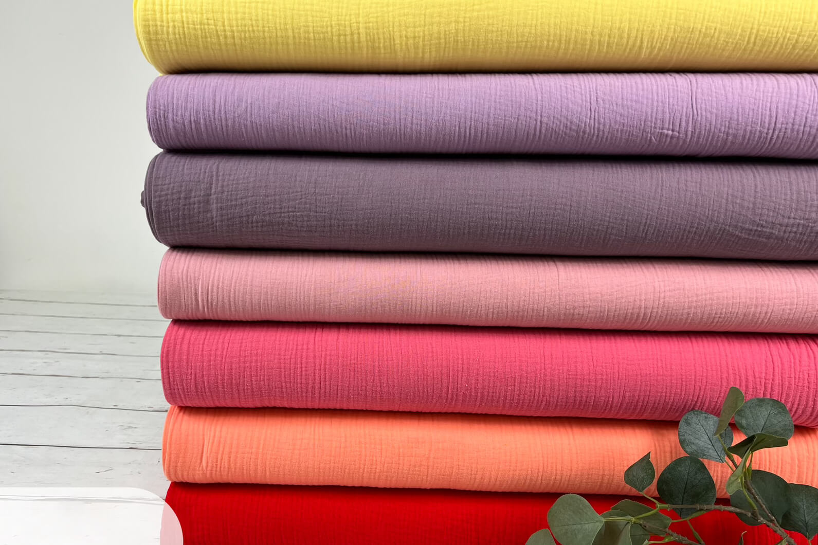Double Gauze Musselin Stoffpaket in den Farben rot, gelb, pink und aubergine