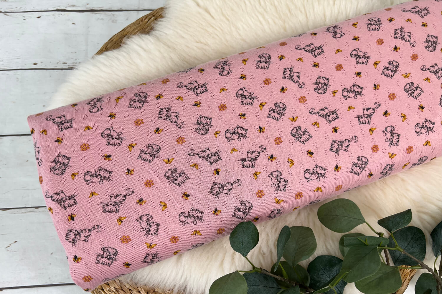 Feinstrickjersey mit Lochmuster - Katzen, Schmeterlinge, Blumen in rosa - Öko Tex 100 100% Baumwolle – Bild 2