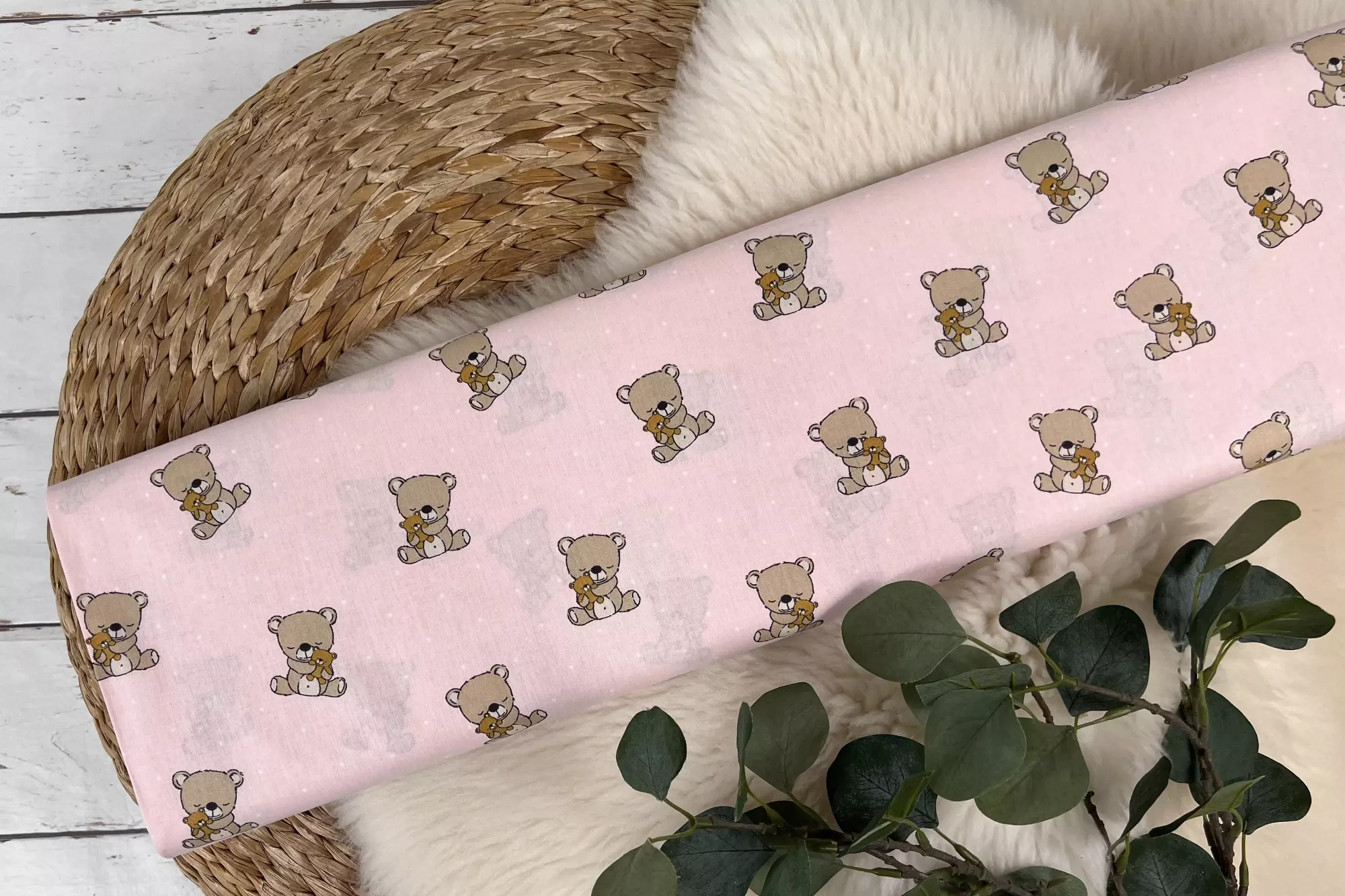 Bio Baumwollstoff Popeline Webware – Baby Bär mit Teddybär in rosa – Bild 2