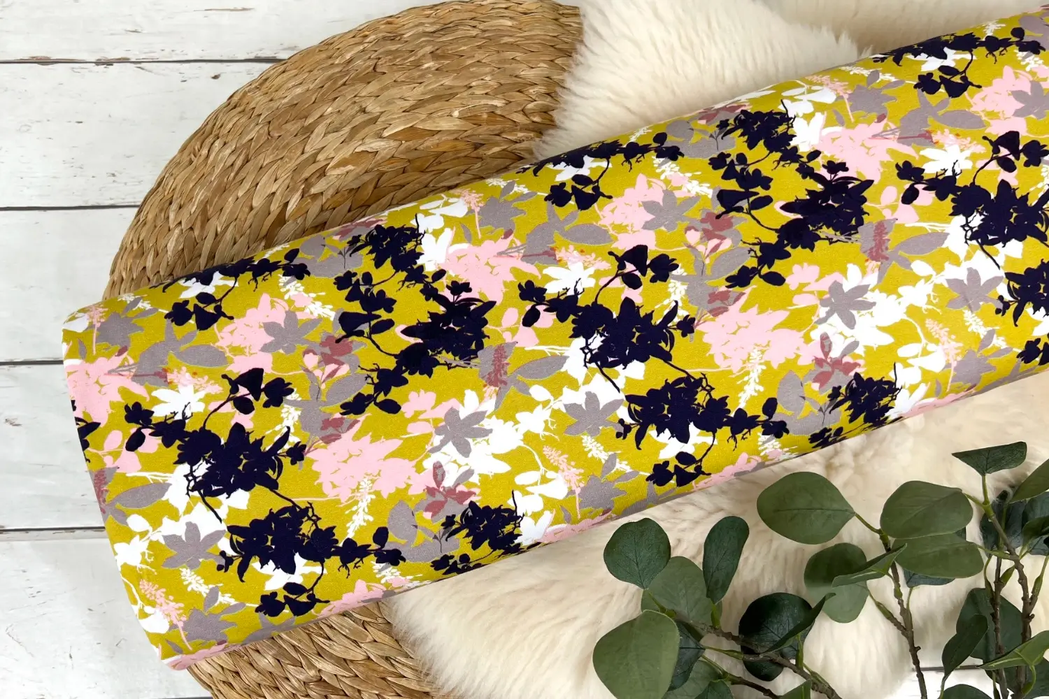 French Terry Sommersweat - Blumen Blätter in senf, Rosa, weiß - KATINOH Design, Öko-Tex 100 – Bild 2
