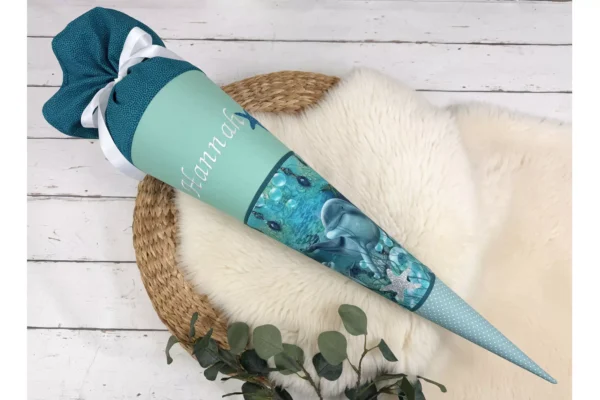 Schultüte aus Stoff mit Namen - Delfine Unterwasserwelt mint, türkis (70cm, 85cm, 35cm) - Zuckertüte personalisiert, optional mit Kissen