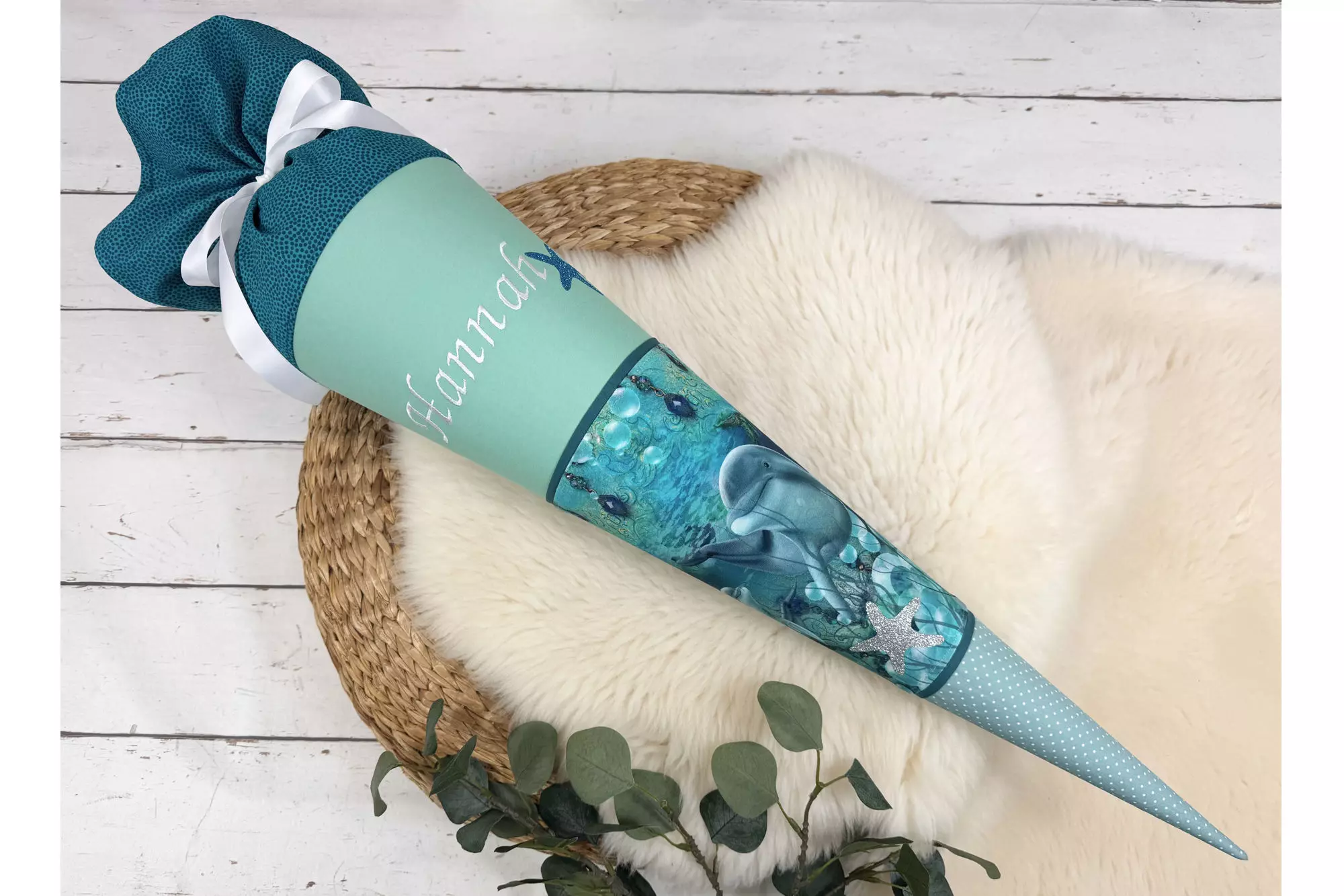 Schultüte aus Stoff mit Namen - Delfine Unterwasserwelt mint, türkis (70cm, 85cm, 35cm) - Zuckertüte personalisiert, optional mit Kissen
