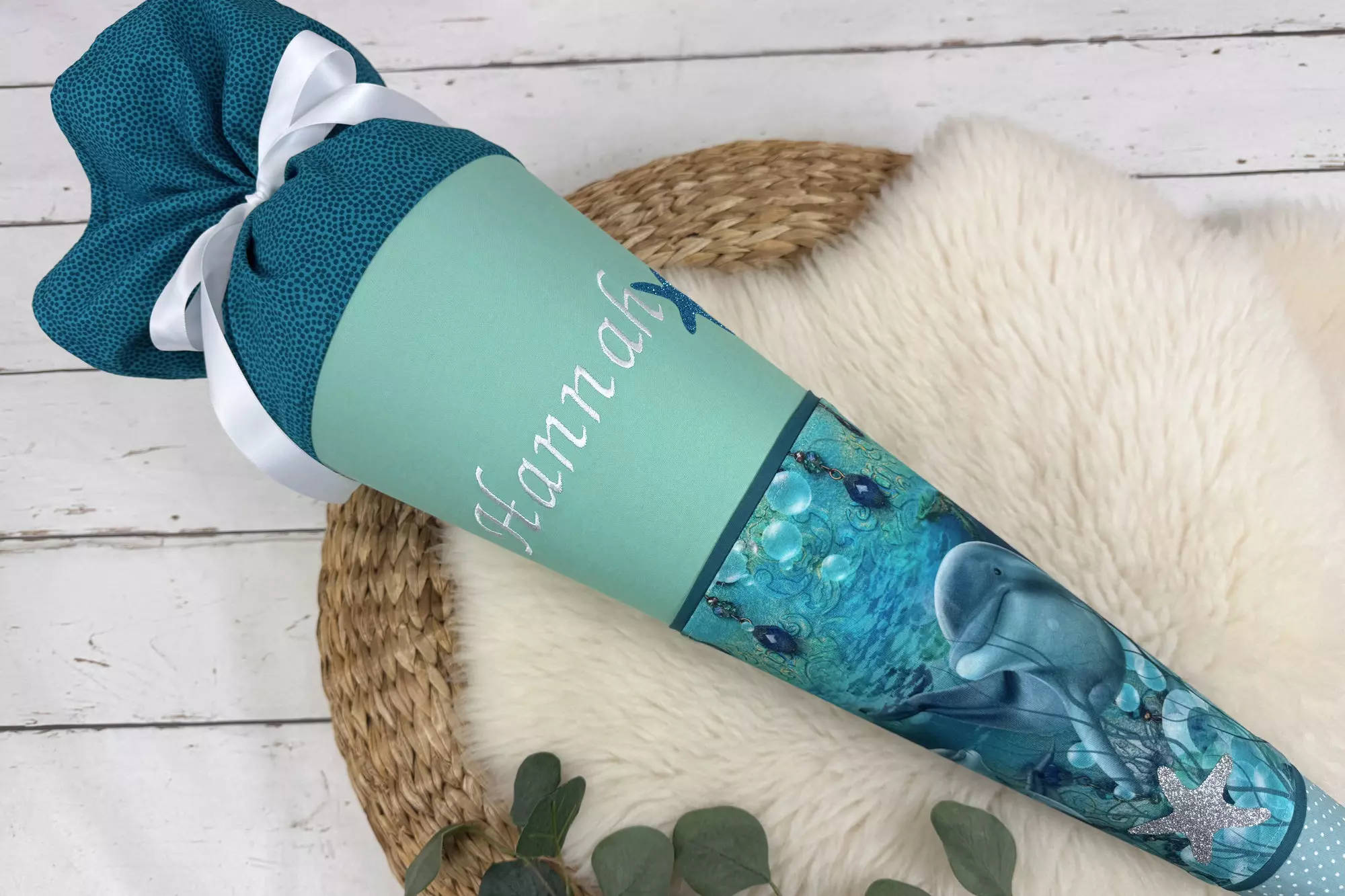 Schultüte aus Stoff mit Namen - Delfine Unterwasserwelt mint, türkis (70cm, 85cm, 35cm) - Zuckertüte personalisiert, optional mit Kissen – Bild 3