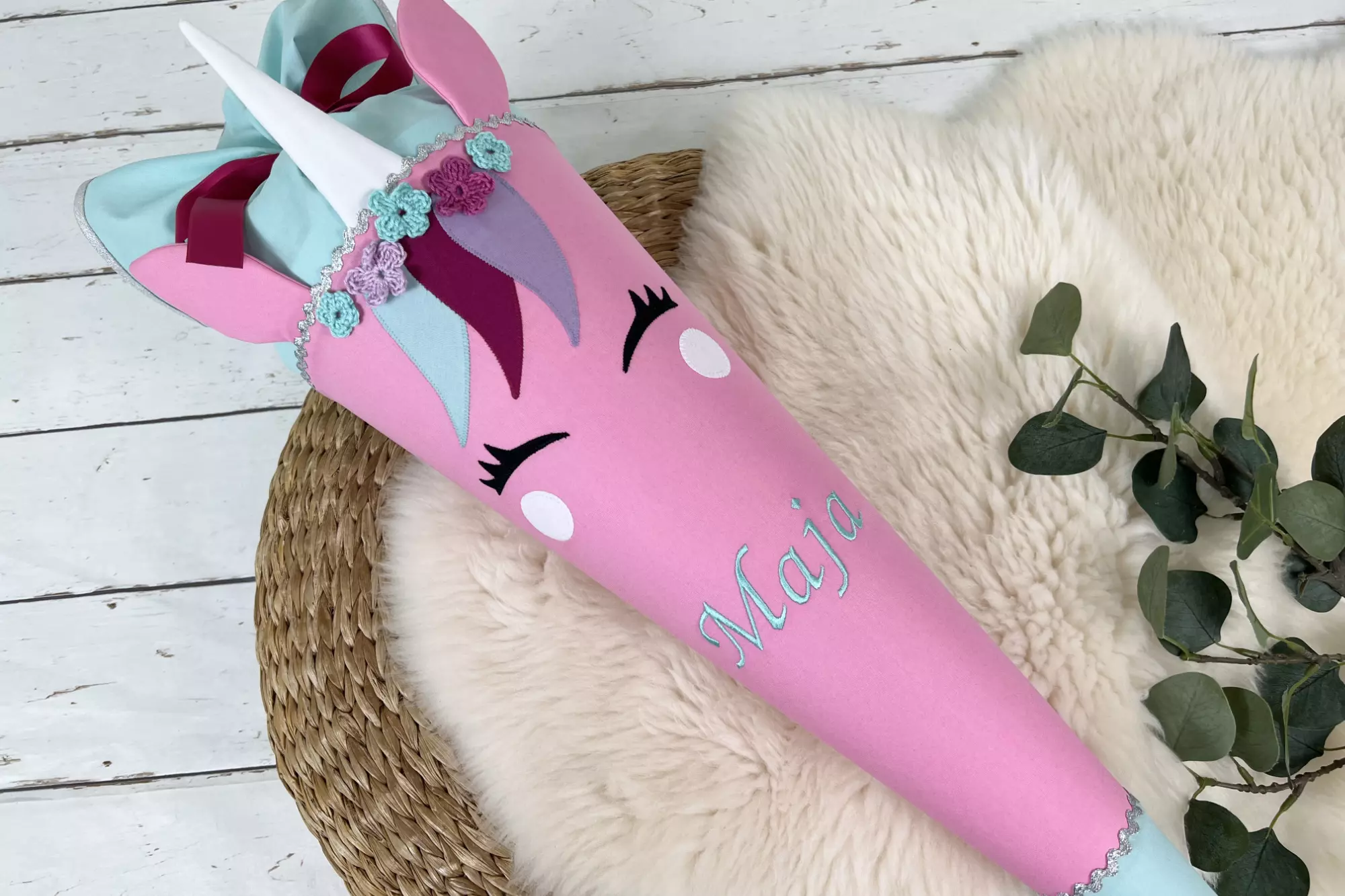 Schultüte aus Stoff mit Namen - Einhorn Gesicht rosa, mint (70cm, 85cm) - Zuckertüte personalisiert, optional mit Kissen – Bild 3