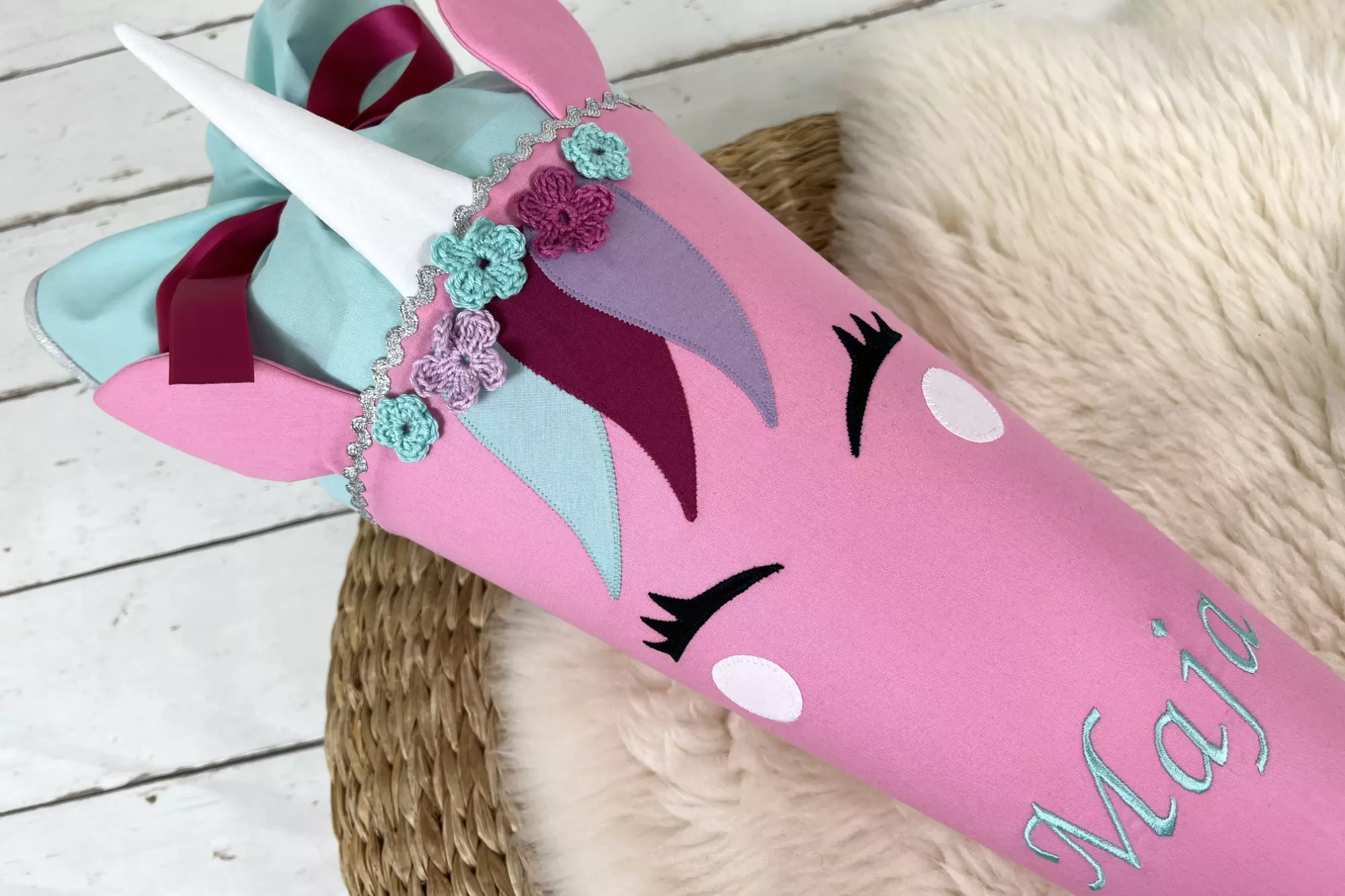 Schultüte aus Stoff mit Namen - Einhorn Gesicht rosa, mint (70cm, 85cm) - Zuckertüte personalisiert, optional mit Kissen – Bild 2