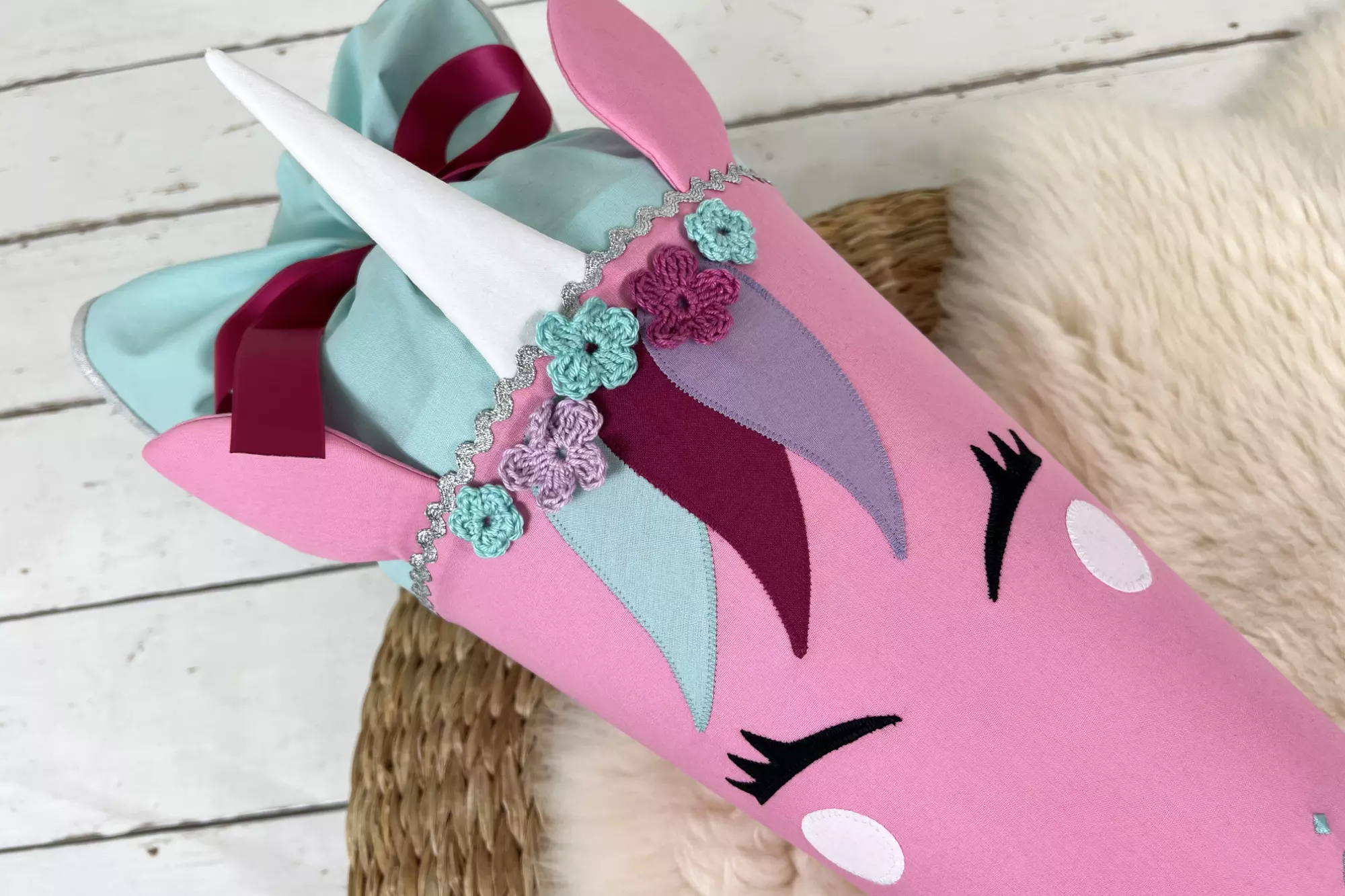 Schultüte aus Stoff mit Namen - Einhorn Gesicht rosa, mint (70cm, 85cm) - Zuckertüte personalisiert, optional mit Kissen – Bild 4