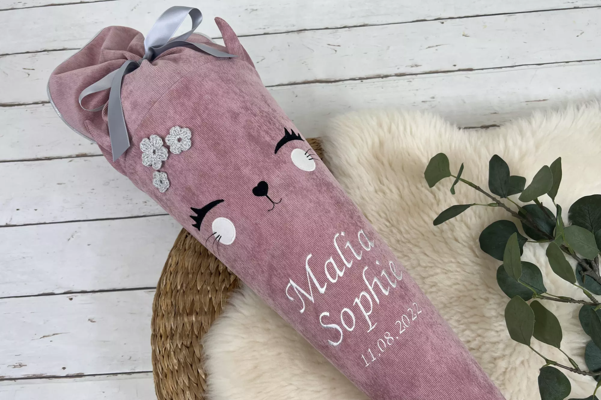 Schultüte aus Stoff mit Namen - Katze in rosa oder pink (70cm, 85cm, 35cm) - Zuckertüte personalisiert, optional mit Kissen – Bild 2