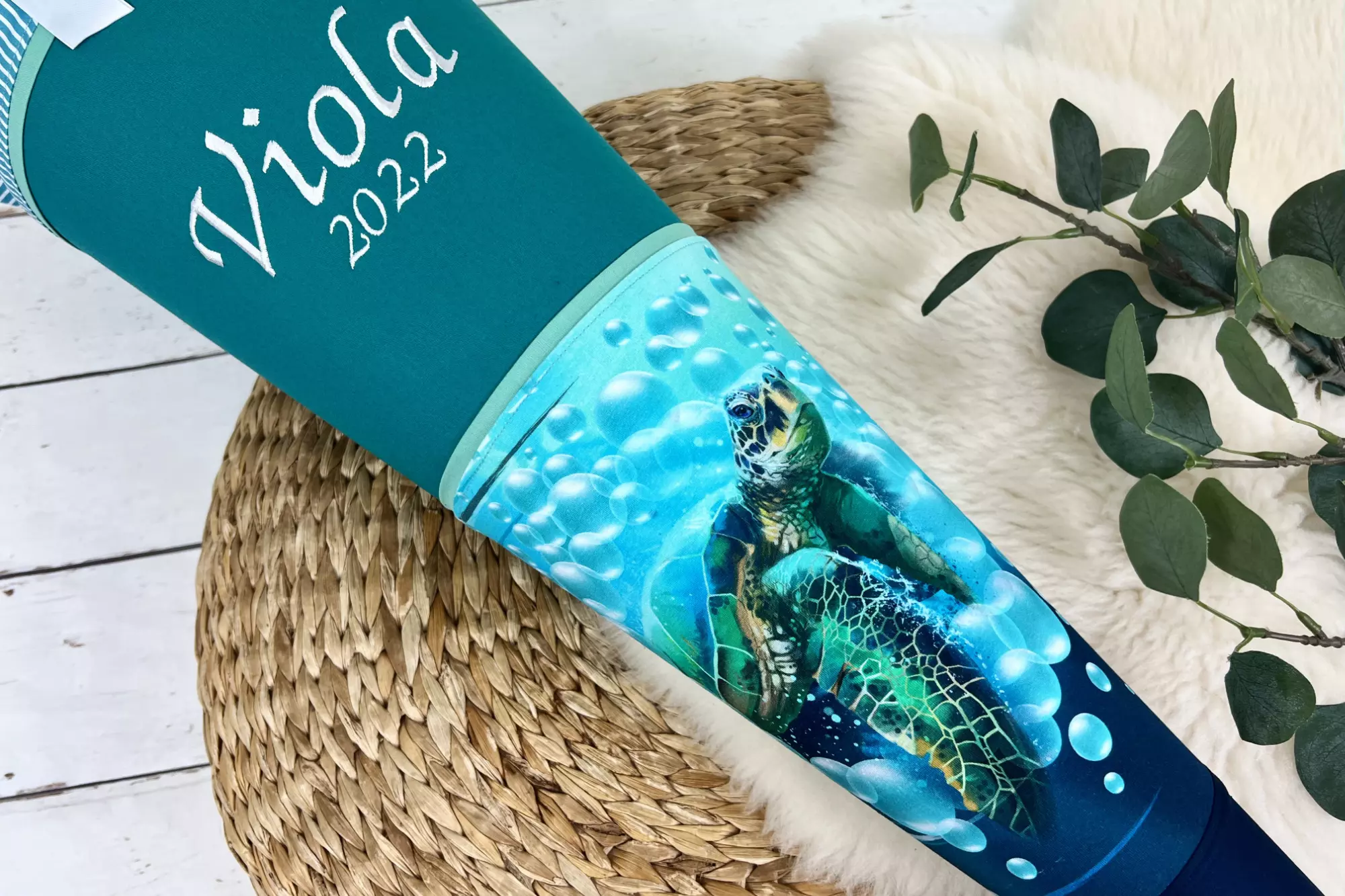 Schultüte aus Stoff mit Namen - Schildkröte Unterwasserwelt petrol, dunkelblau (70cm, 85cm) - Zuckertüte personalisiert, optional mit Kissen – Bild 2