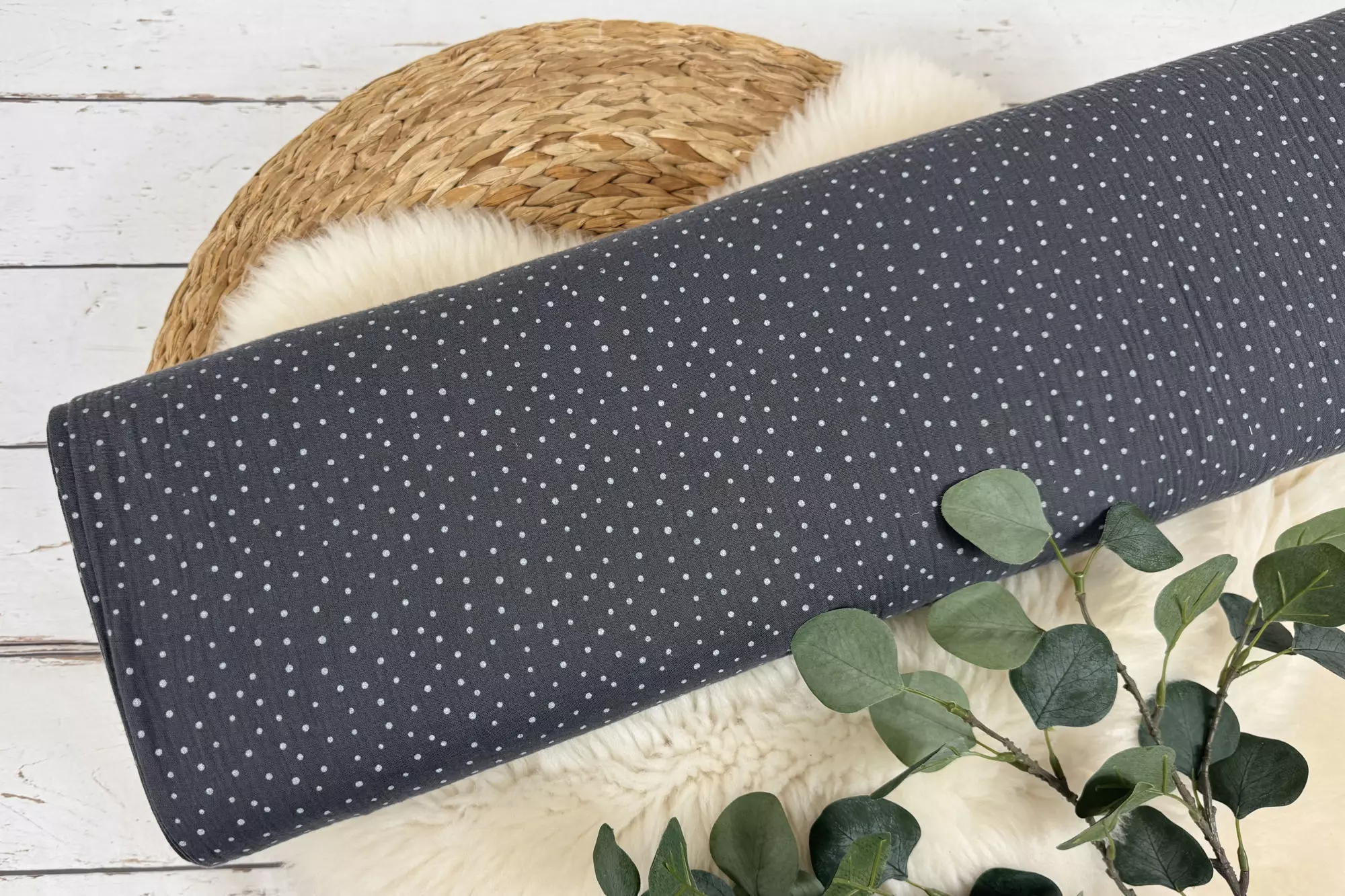 Musselin Stoff / Double Gauze - weiße Punkte Polka Dots grau - Öko-Tex-100