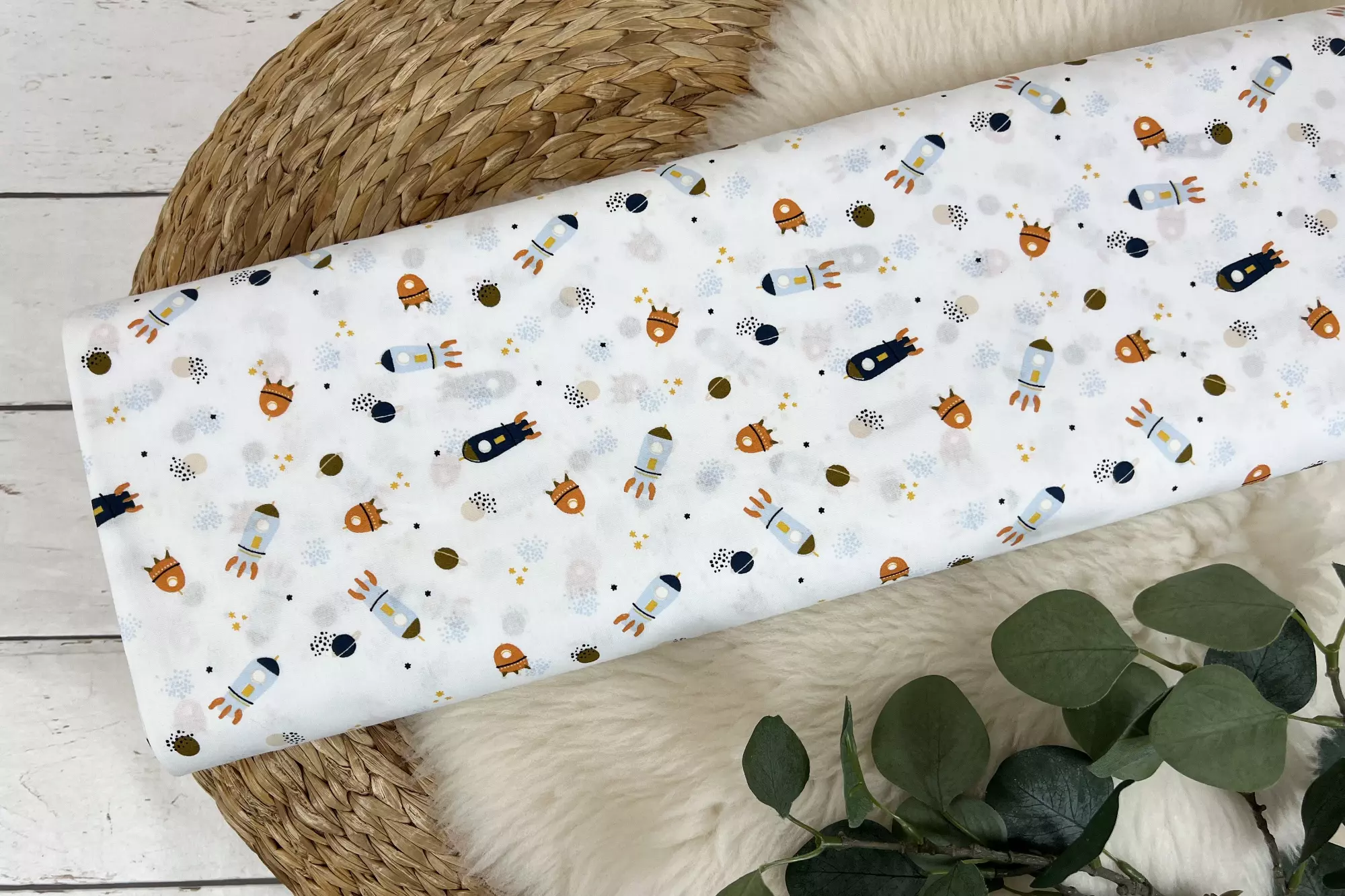 Baumwollstoff Popeline – SPACE Raketen, Planet, Weltall, Galaxy weiß - Öko-Tex 100 Kinderstoff – Bild 2