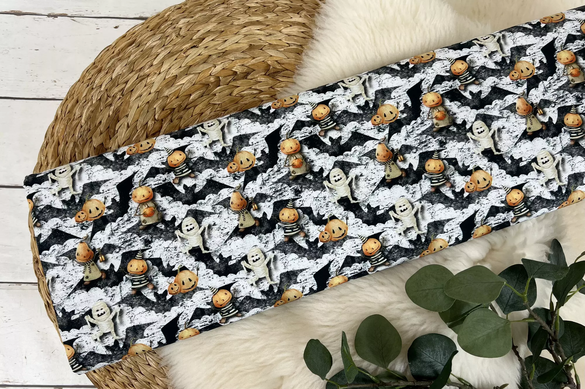 Halloween Stoff Baumwolle – Mumie und Vogelscheuche in weiß - Öko-Tex 100 Kinderstoff – Bild 2