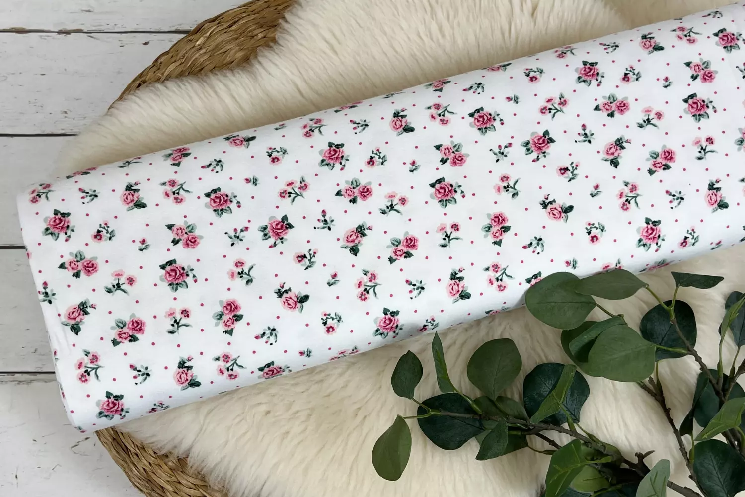 Reststück 90cm Bio Soft Sweat - kleine Rosen in weiß - angerauter Sweat Blumen – Bild 2