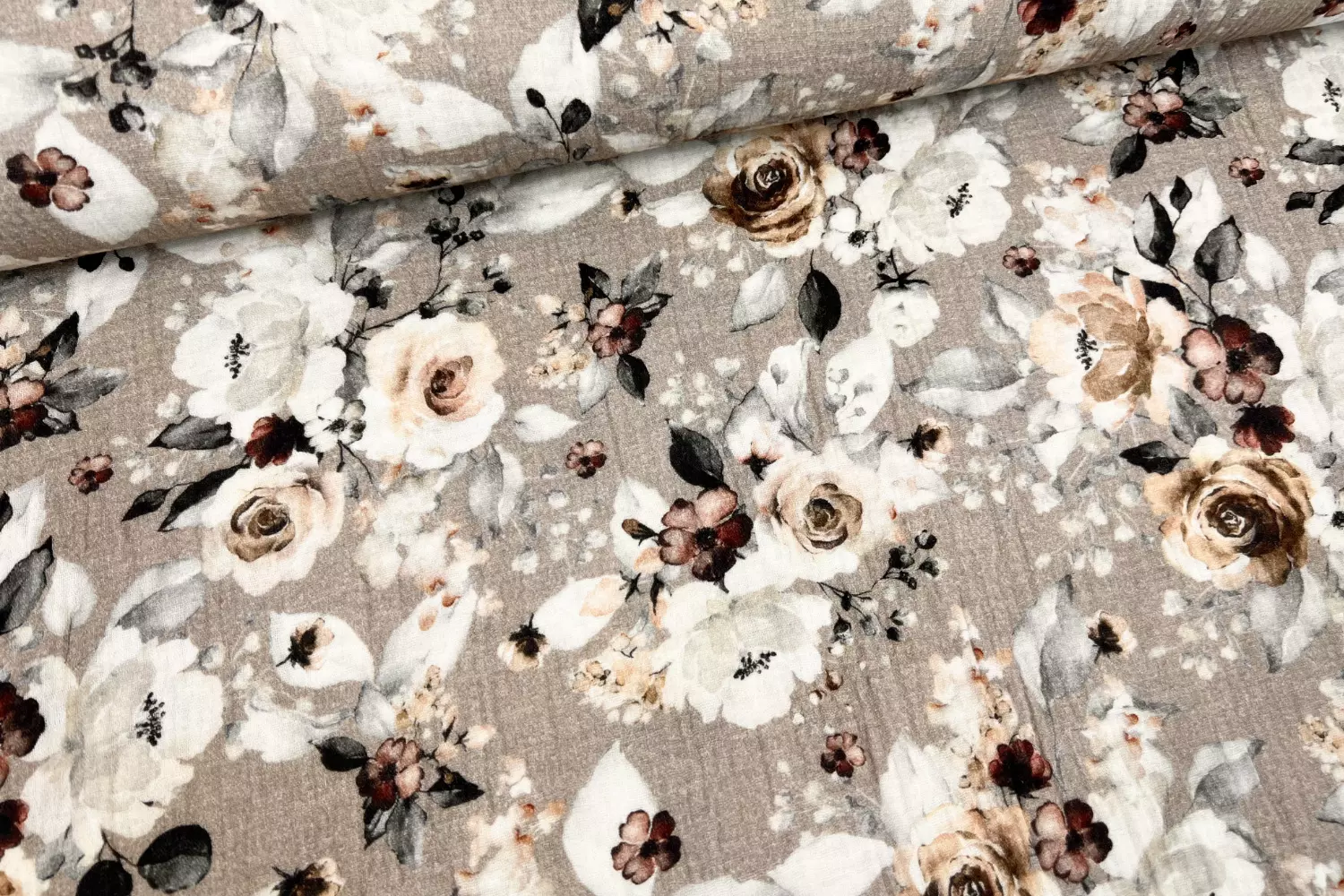 Musselin Stoff mit großen Rosen in taupe