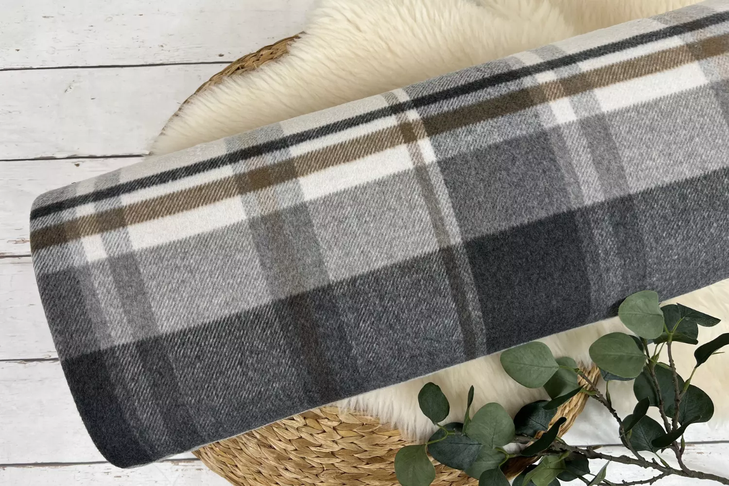 Reststück 45cm Mantelstoff Mantelflausch Karo Stoff - grau, weiß, beige – Bild 2