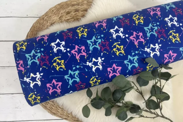 French Terry Stoff mit großen und bunten Sternen in royalblau
