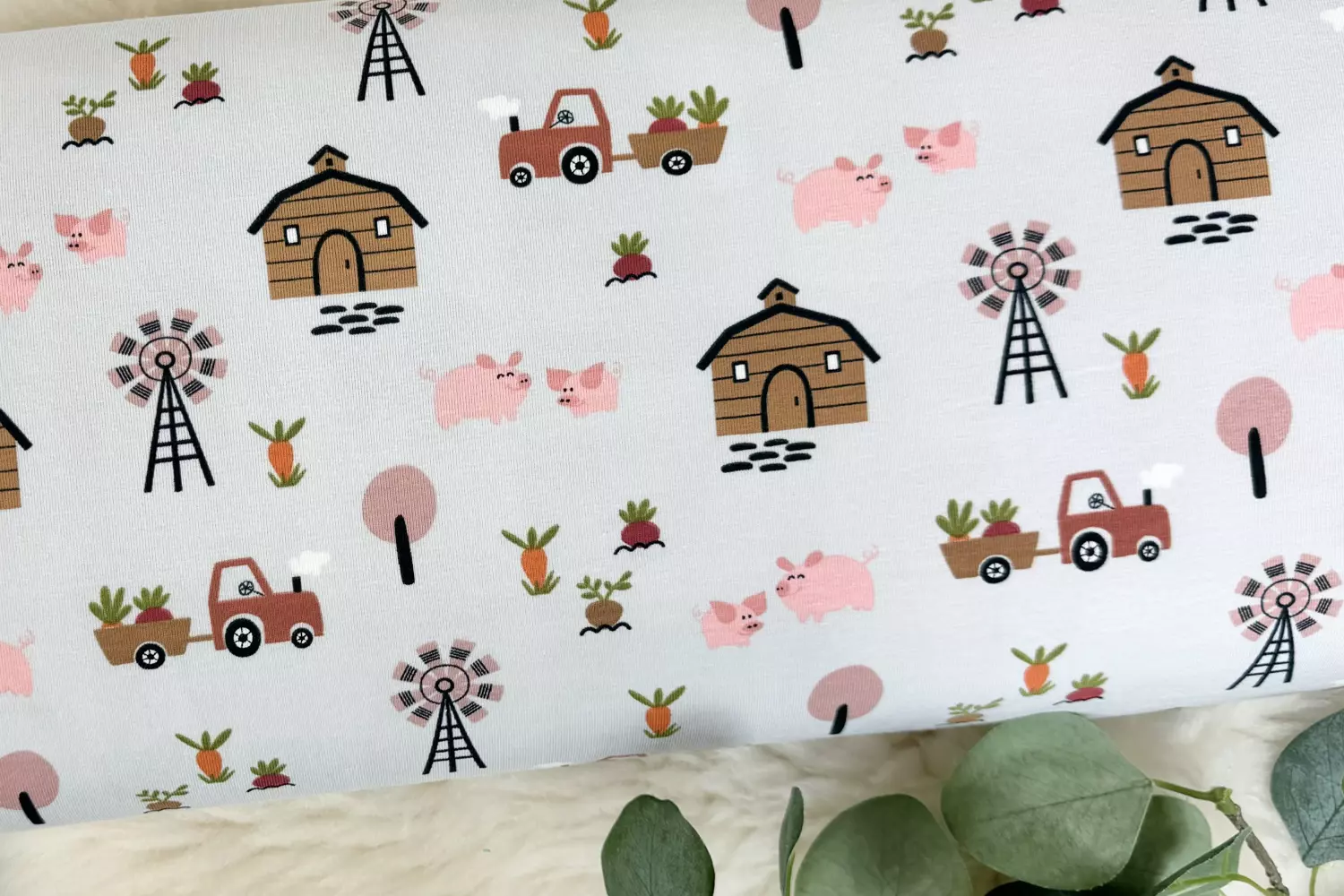 Jersey Stoff mit Bauernhof Motiv in hellgrau