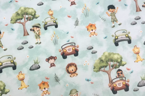 Jersey Stoff mit Dschungel und Safari Tiere in pastellmint