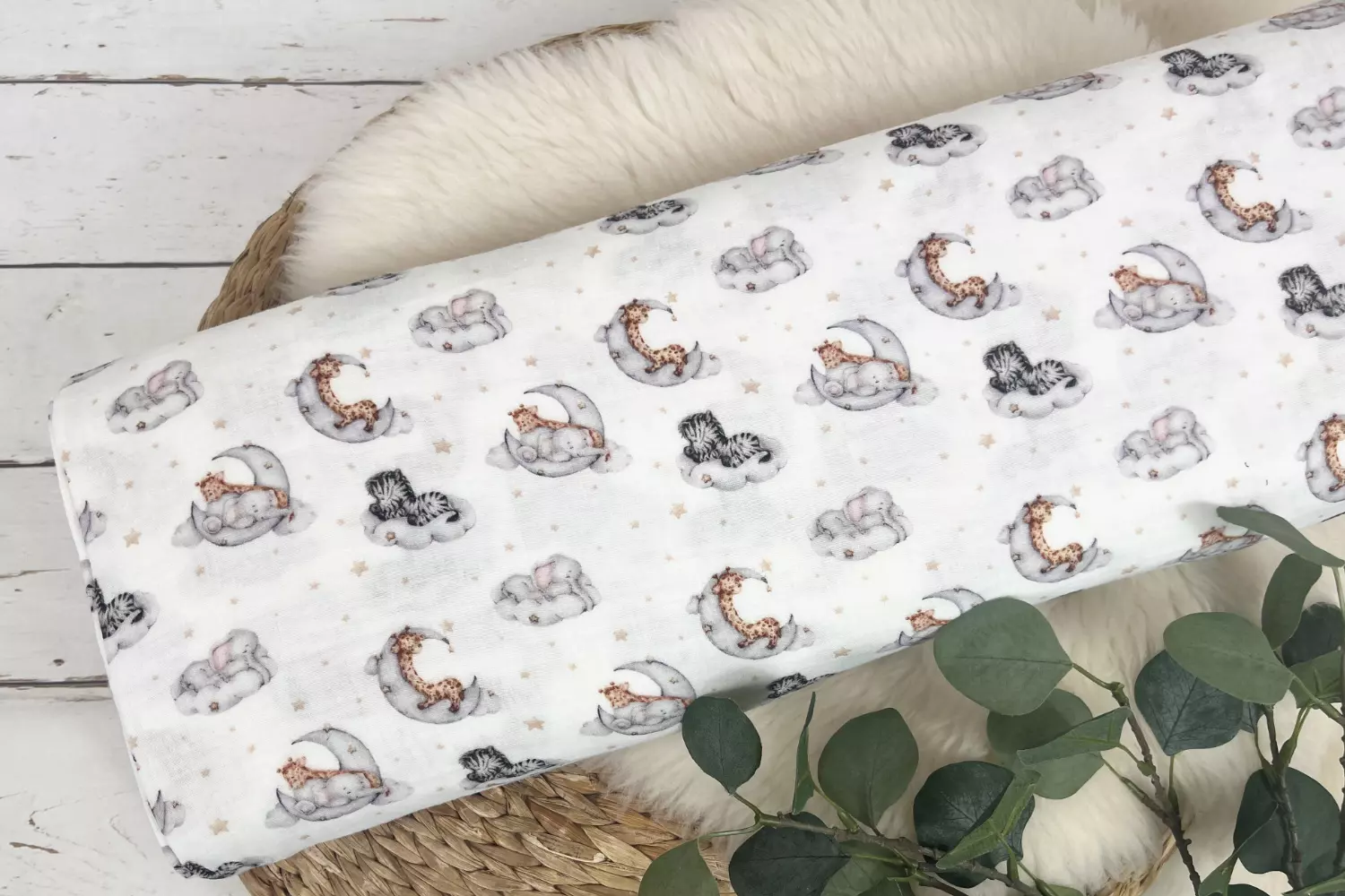 Musselin Stoff / Double Gauze - Zebras, Giraffen und Elefanten in weiß - Öko-Tex-100 – Bild 3