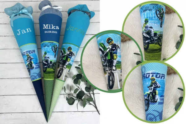 Schultüte aus Stoff mit Namen - Motocross Motorrad (wählbar 70cm, 85cm) - personalisiert, optional mit Kissen