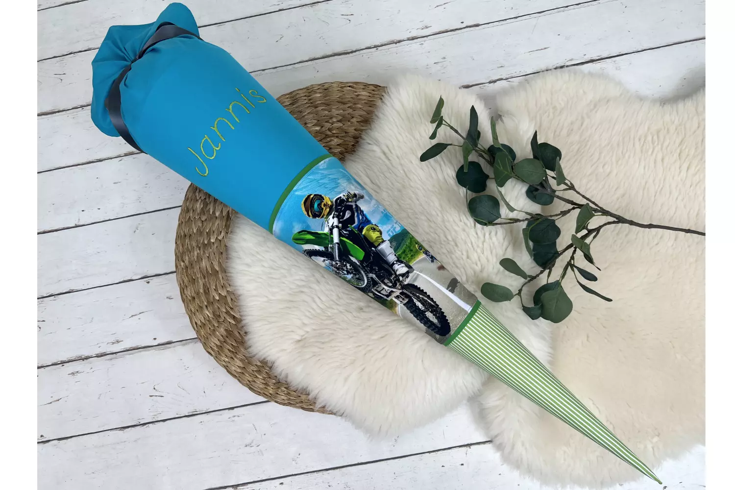 Schultüte aus Stoff mit Namen - Motocross Motorrad (wählbar 70cm, 85cm) - personalisiert, optional mit Kissen – Bild 6