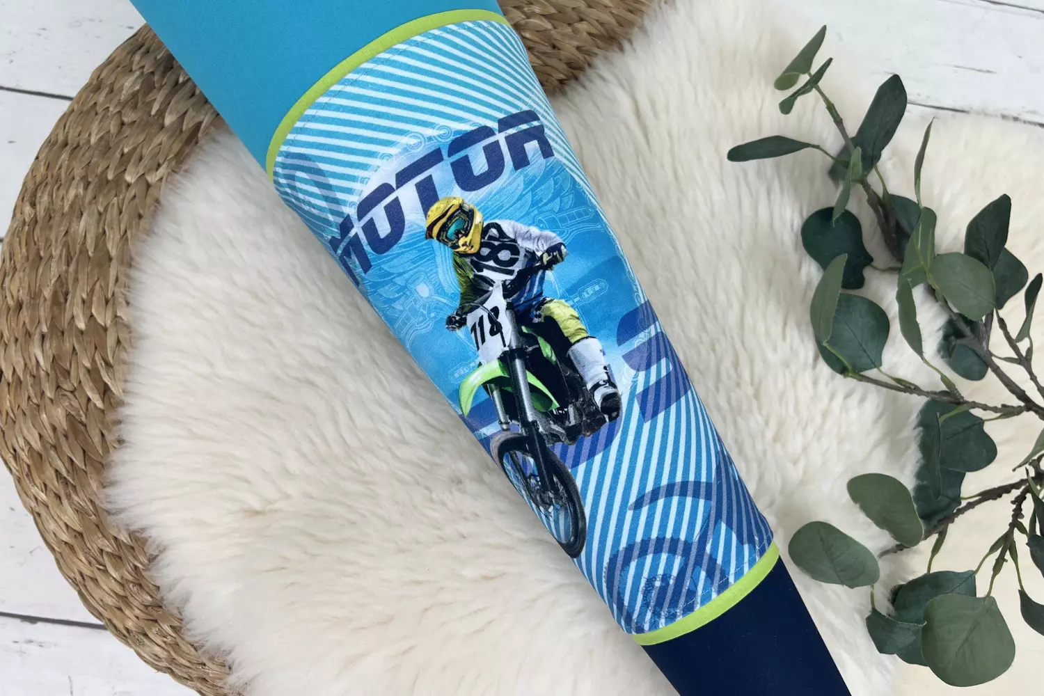 Schultüte aus Stoff mit Namen - Motocross Motorrad (wählbar 70cm, 85cm) - personalisiert, optional mit Kissen – Bild 3