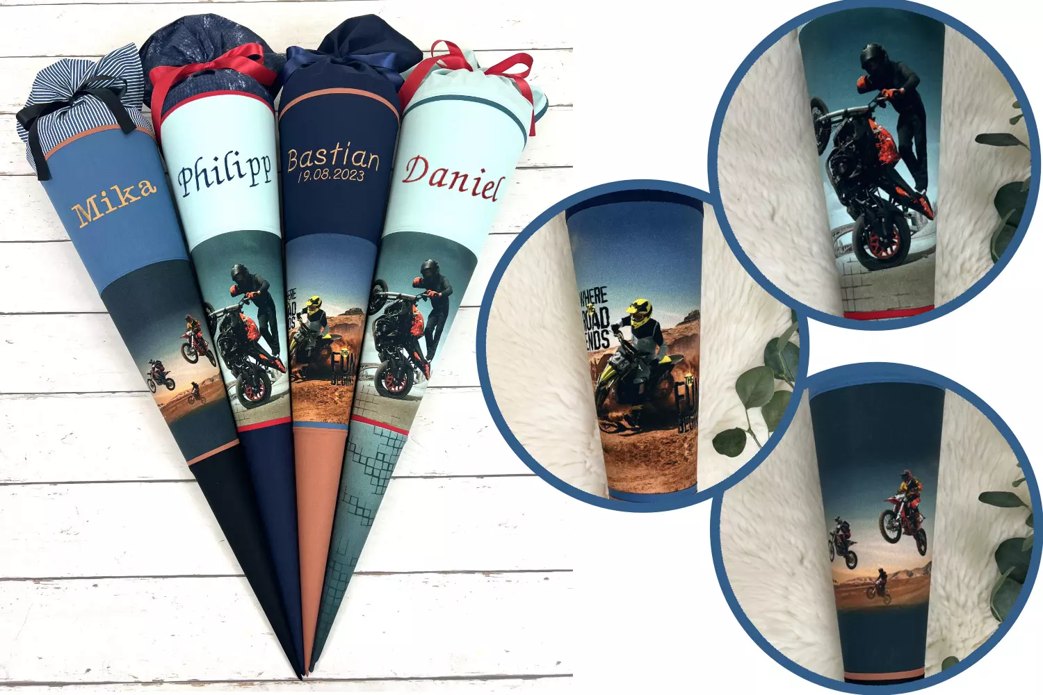 Schultüte mit Namen - Motorrad petrol, mint (wählbar 70cm, 85cm) - personalisiert, optional mit Kissen – Bild 3