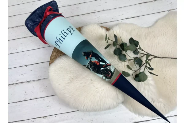 Schultüte mit Namen - Motorrad dunkelblau, mint (wählbar 70cm, 85cm) - personalisiert, optional mit Kissen