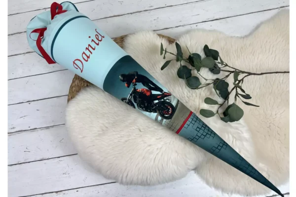 Schultüte mit Namen - Motorrad petrol, mint (wählbar 70cm, 85cm) - personalisiert, optional mit Kissen