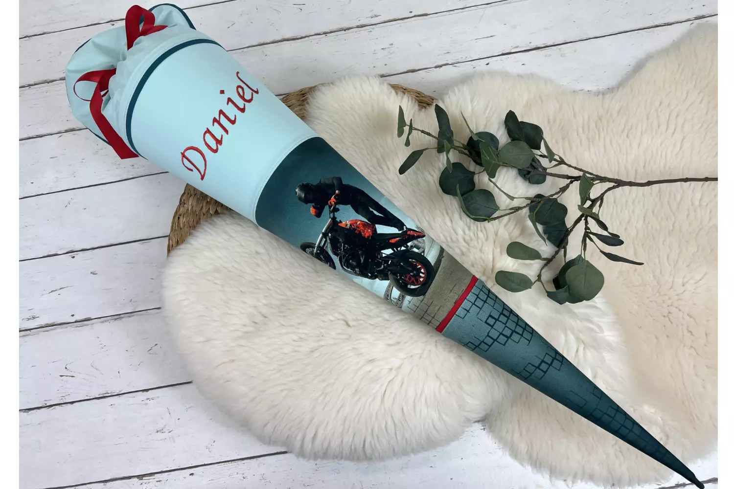 Schultüte mit Namen - Motorrad petrol, mint (wählbar 70cm, 85cm) - personalisiert, optional mit Kissen
