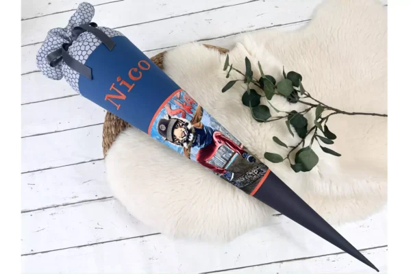 Schultüte mit Namen - cooler Skateboard Tiger in jeansblau, grau 85cm - personalisiert, optional mit Kissen