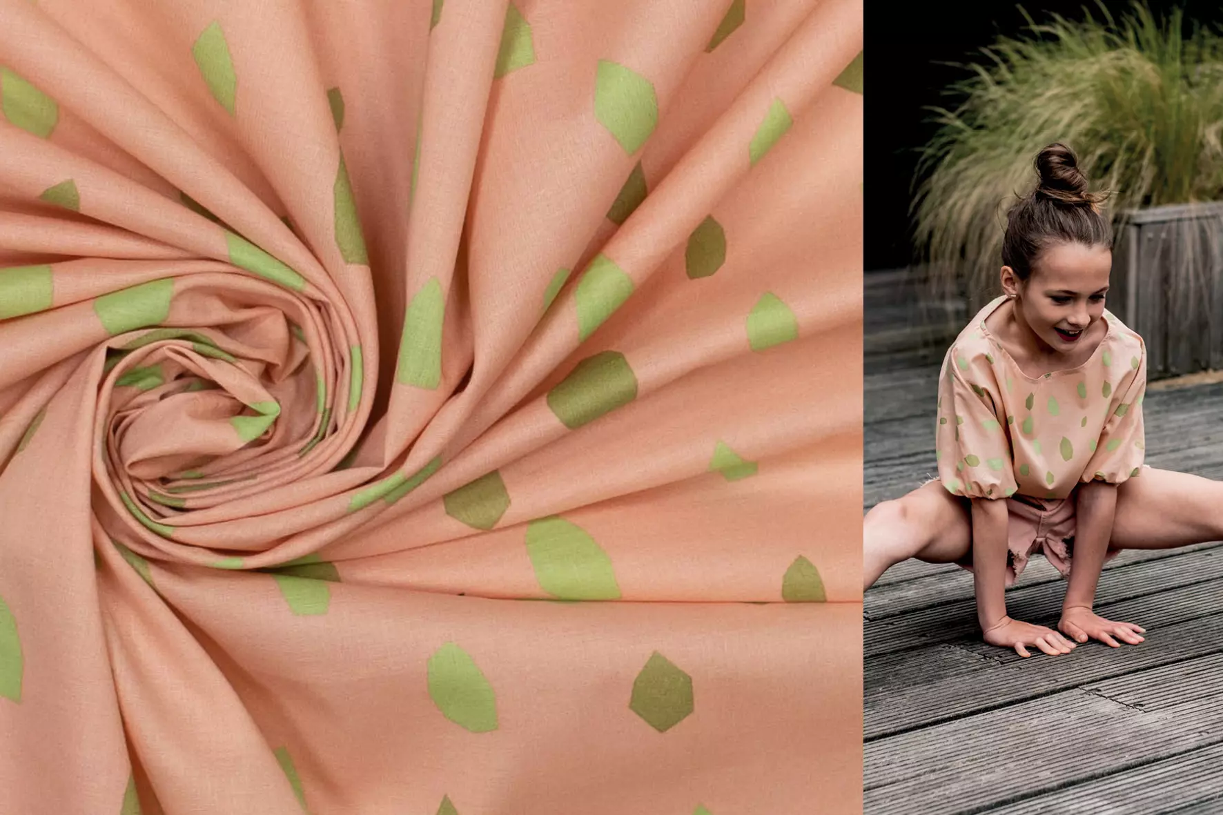 Fibre Mood Special Nr2 Marisol Batist popeline Stoff mit grünen Tupfen in apricot