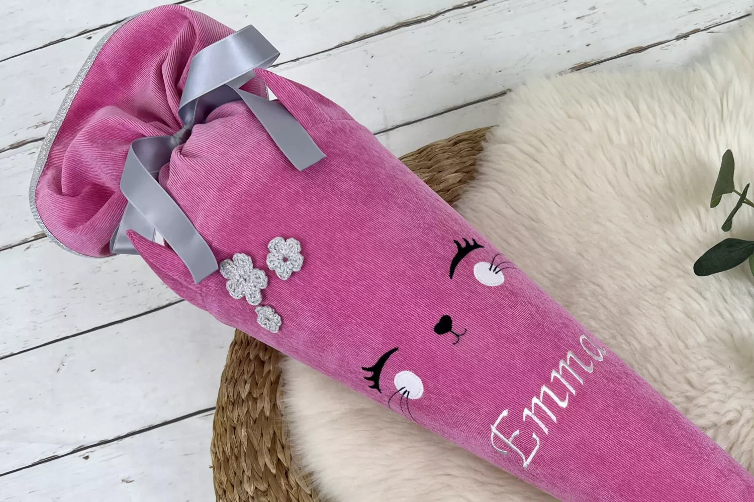 Schultüte aus Stoff mit Namen - Katze in rosa oder pink (70cm, 85cm, 35cm) - Zuckertüte personalisiert, optional mit Kissen – Bild 6