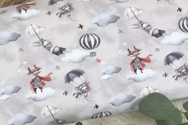 Jersey Stoff - süße Hasen, Fuchs und Maus Motive in sand - Öko-Tex-100