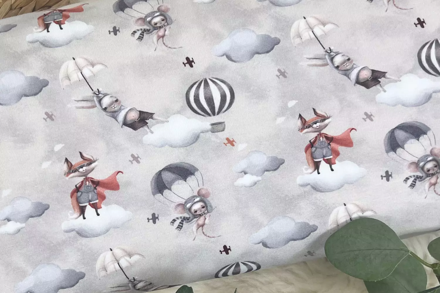 Jersey Stoff - süße Hasen, Fuchs und Maus Motive in sand - Öko-Tex-100
