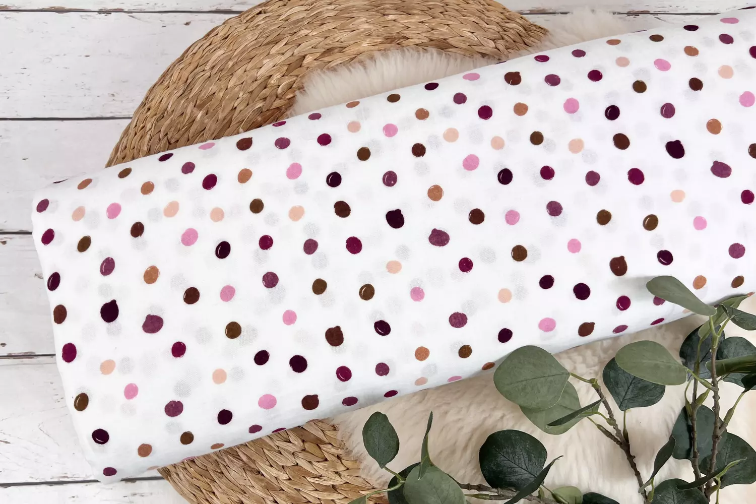 Musselin Stoff / Double Gauze - lila, braune Punkte Polka Dots in weiß - Öko-Tex-100 – Bild 2