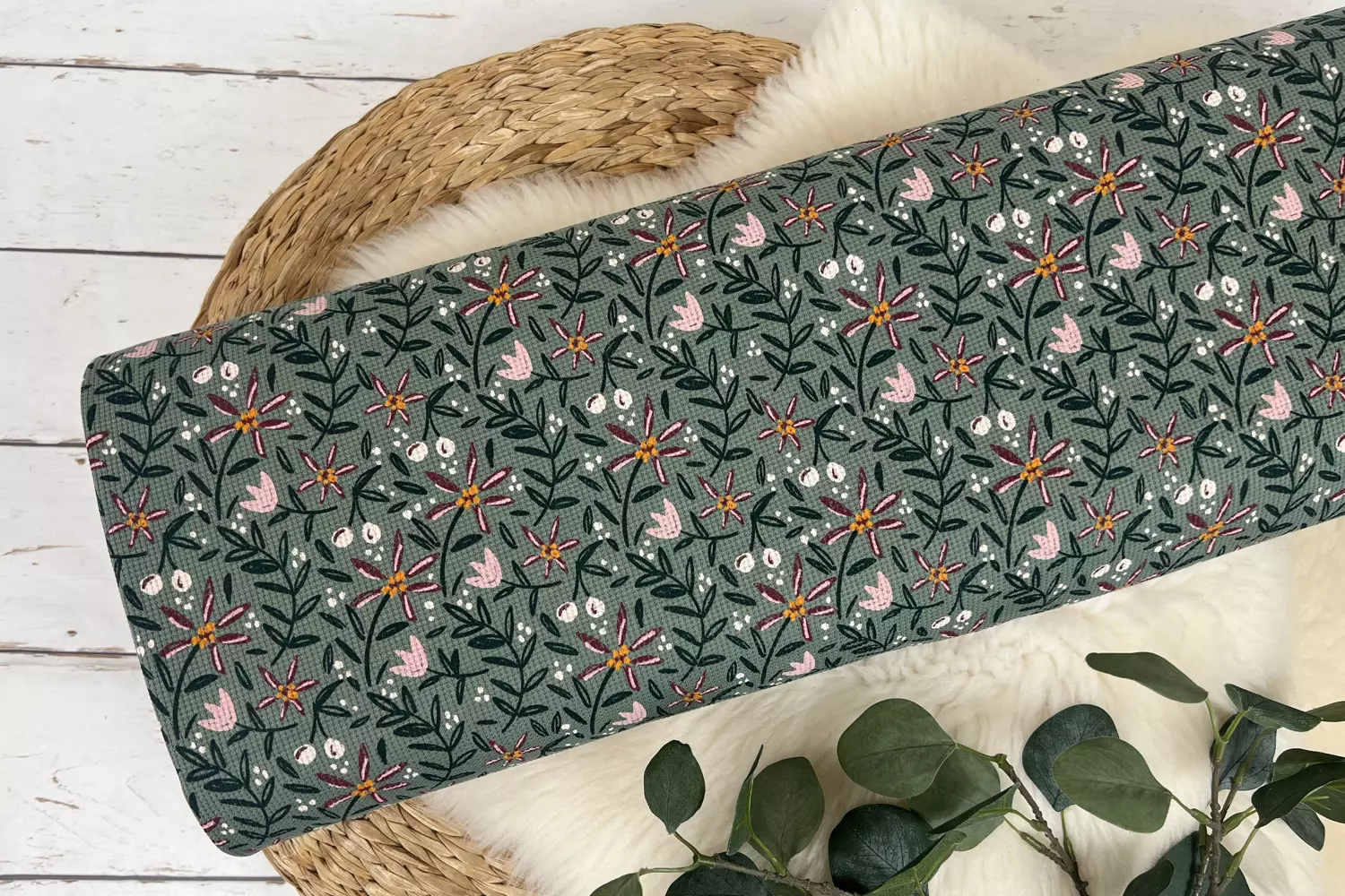 Waffeljersey - Blumenwiese, Pflanzen Muster in olivgrün - Öko-tex-100 – Bild 2
