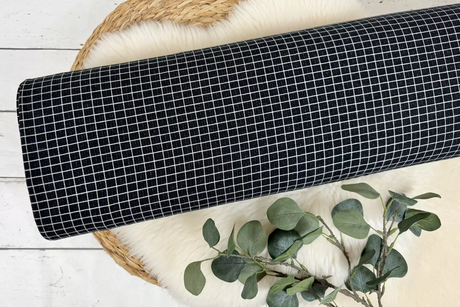 karierter French Terry Stoff mit Karo Muster in schwarz