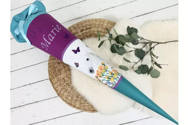 Schultüte mit Namen – Pferd Motiv in lila, petrol (70cm, 85cm)