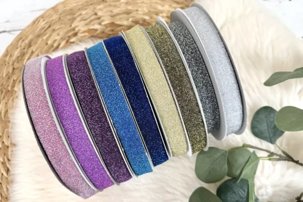 Glitzer Schrägband 2cm Breit in den Farben hellgrau, grau, gold, dunkelgold, jeansblau, türkis, altrosa, lila, dunkellila