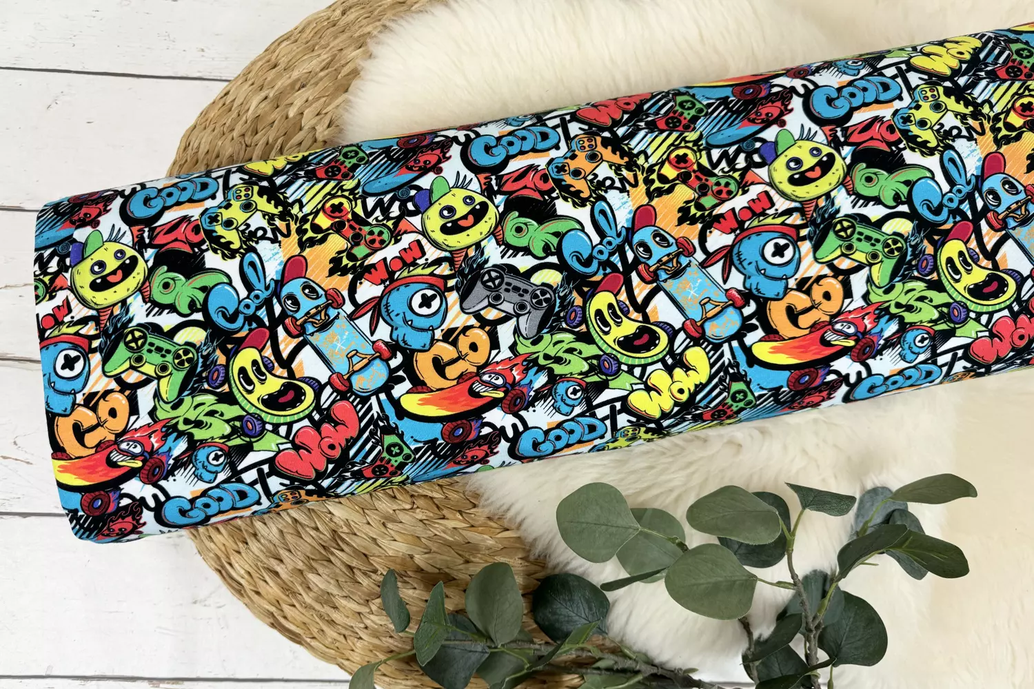 Reststück 35cm Baumwolljersey Stoff - bunte Monster, Graffiti - Öko-Tex-100 – Bild 2
