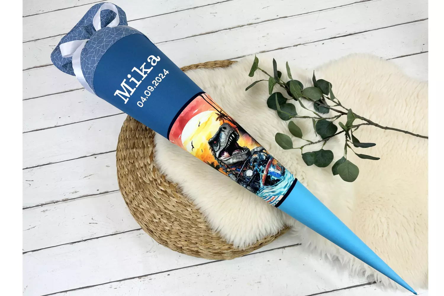Schultüte Dinosaurier T-Rex mit Namen in jeansblau 70cm, 85cm - optional mit Kissen – Bild 6