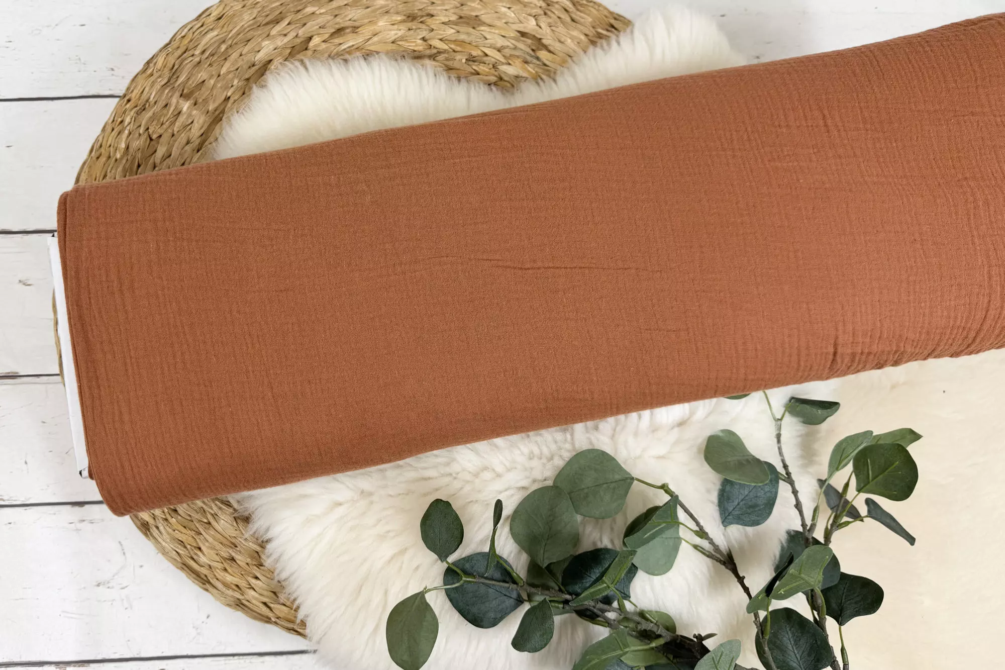 Musselin Stoff in uni Farbe cognac