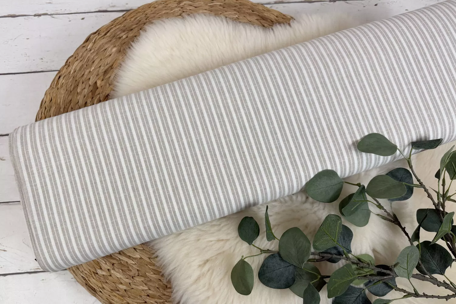 Leinen Baumwoll Stoff - Streifen Muster in anthrazit, beige, jeansblau - Öko-Tex-100 – Bild 3