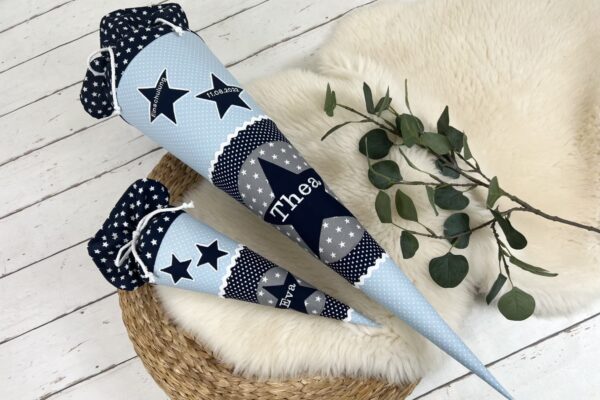 Schultüte aus Stoff mit Namen - Stern hellblau, dunkelblau (70cm, 85cm, 35cm) - Zuckertüte personalisiert, optional mit Kissen